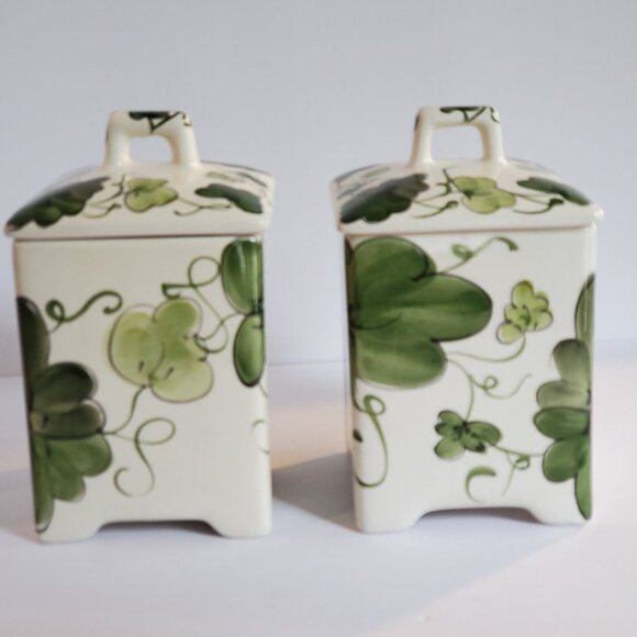 Jay Wilfred Canisters Square Ceramic Ivory Green Leaf Design Portugal - Set of 2 - Picture 1 of 8
